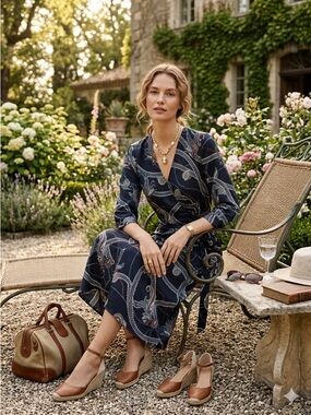 EUC RARE H&M Modern Classic Navy Paisley Wrap Midi Dress - XS